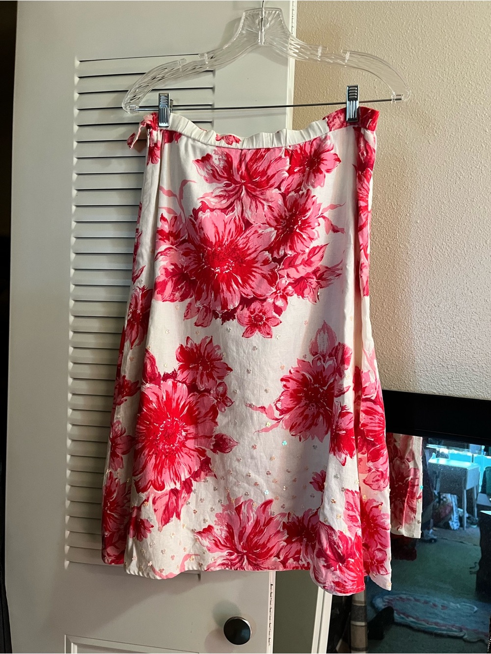 Coldwater Creek Cream Skirt with Vibrant Pink Floral and Sequins
